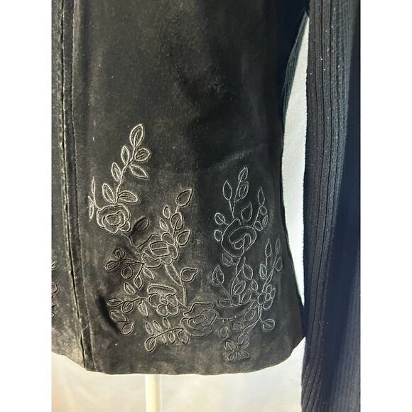 Black Suede Floral Embroidered Jacket Ribbed Knit Sleeves Full Zip Up - Picture 2 of 10